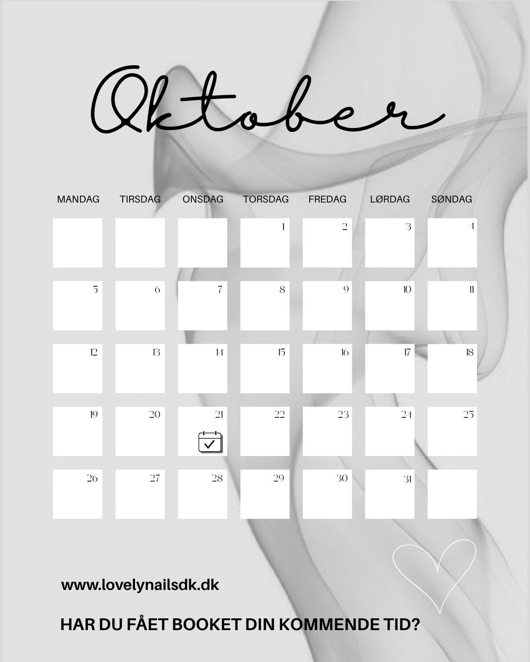 Der er ikke meget ledigt tilbage i oktober måned, en enkelt tid og 2 små huller 🖤 Det er muligt at booke tider året ud 🖤