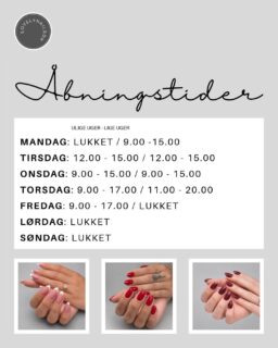 🩶 ÅBNINGSTIDER HOS LOVELY NAILS
Her finder du mine åbningstider for både ulige og lige uger 💅✨
Husk, at åbningstiderne varierer fra uge til uge, så gem gerne opslaget, så du altid nemt kan finde dem igen. 🤍
Jeg glæder mig til at byde jer velkommen i salonen til lidt selvforkælelse og flotte negle. 🥰